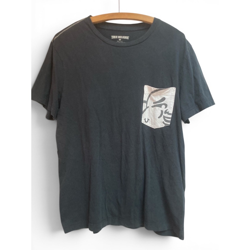 True Religion Mens Graphic Pocket T-Shirt Black Short Sleeve Crewneck Size L